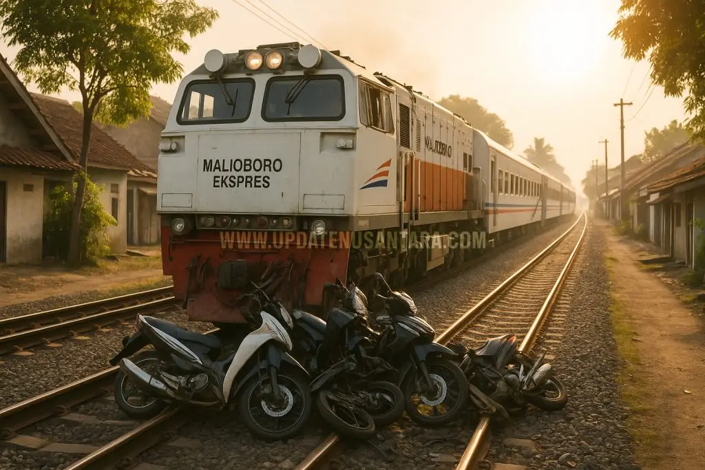 Kereta Api Malioboro Ekspres melintas di perlintasan sebidang di Magetan, lokasi kecelakaan yang menewaskan empat orang pada 19 Mei 2025.